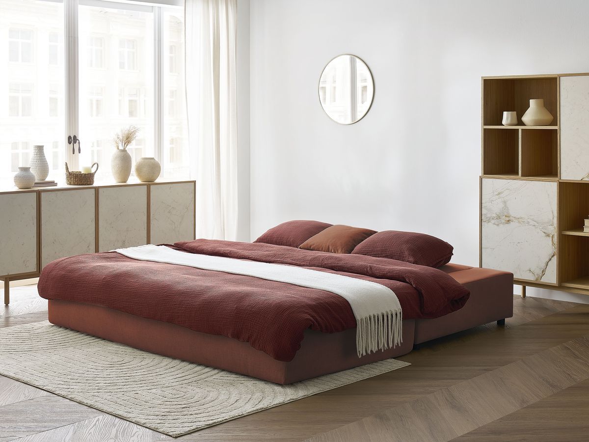 Canapé droit convertible LEANDRE bi matière avec deux poufs