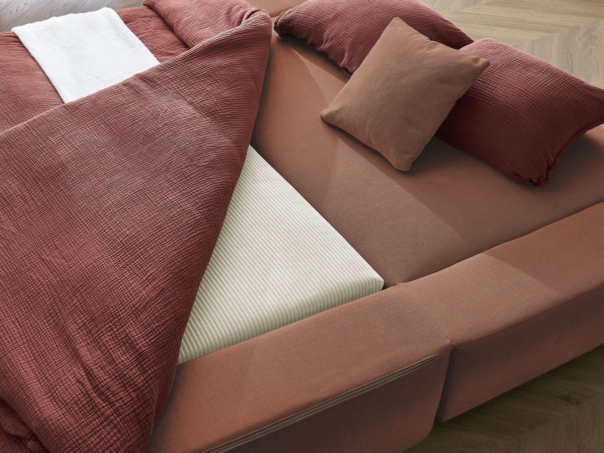 Canapé droit convertible LEANDRE bi matière avec deux poufs