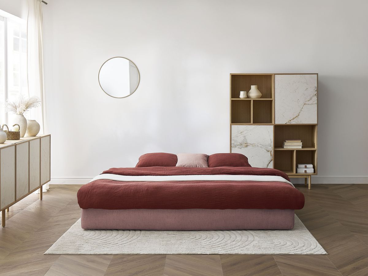 Canapé droit convertible LEANDRE bi matière avec deux poufs