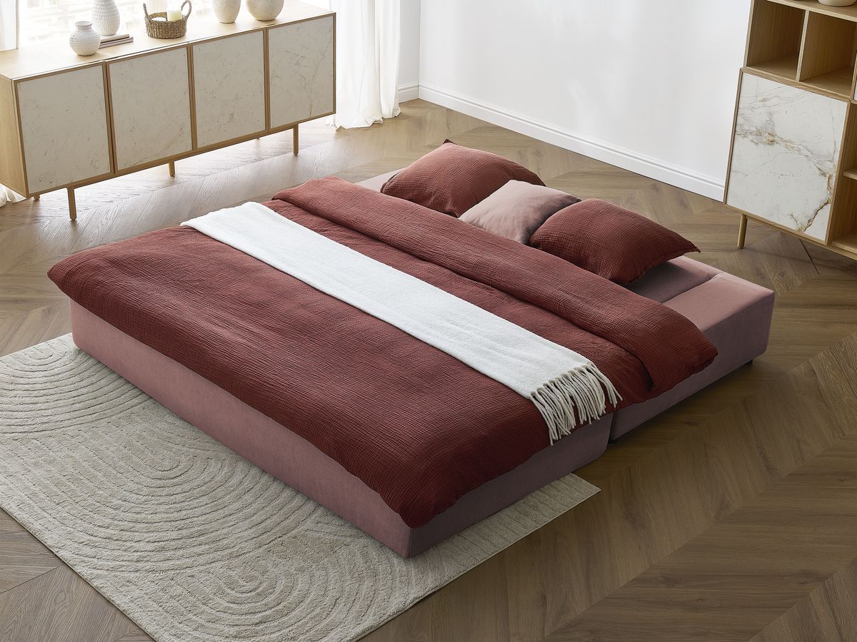 Canapé droit convertible LEANDRE bi matière avec deux poufs