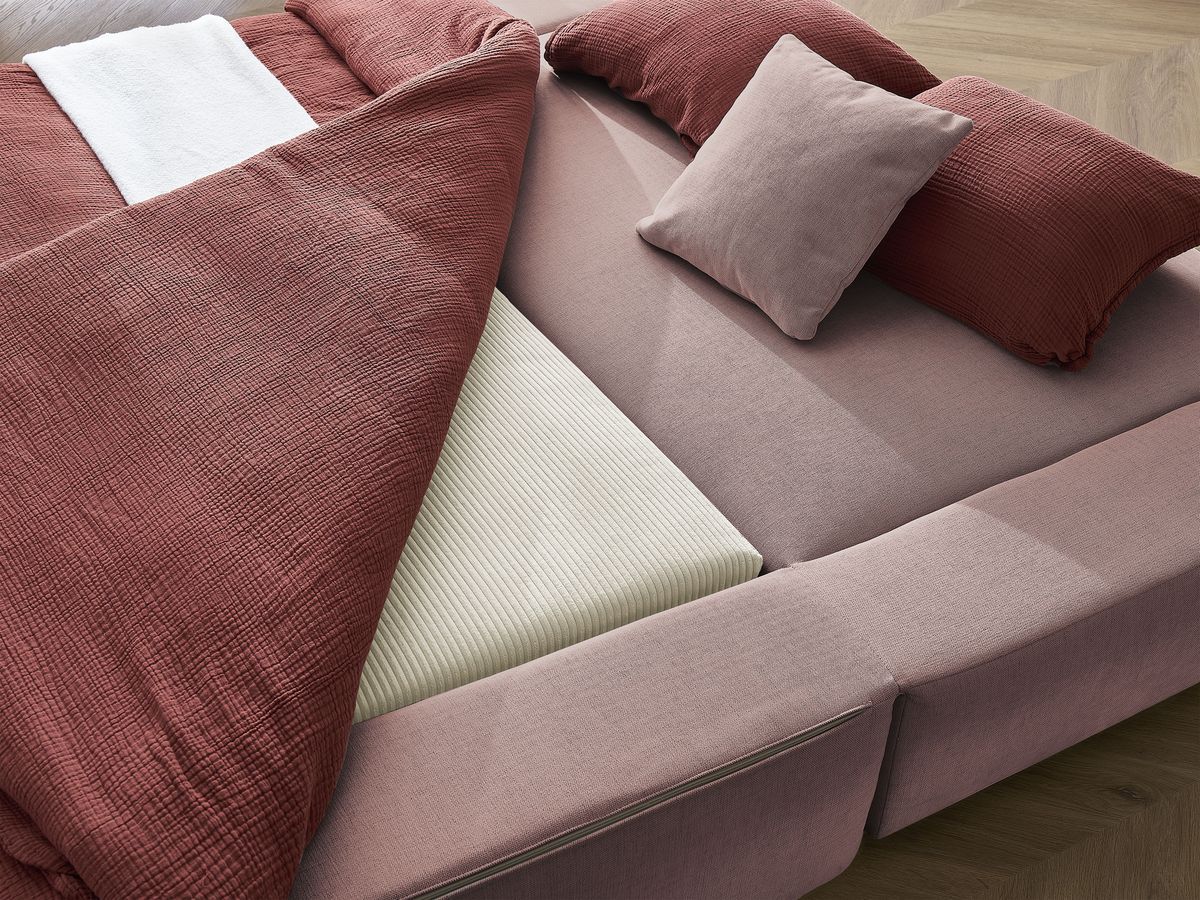 Canapé droit convertible LEANDRE bi matière avec deux poufs