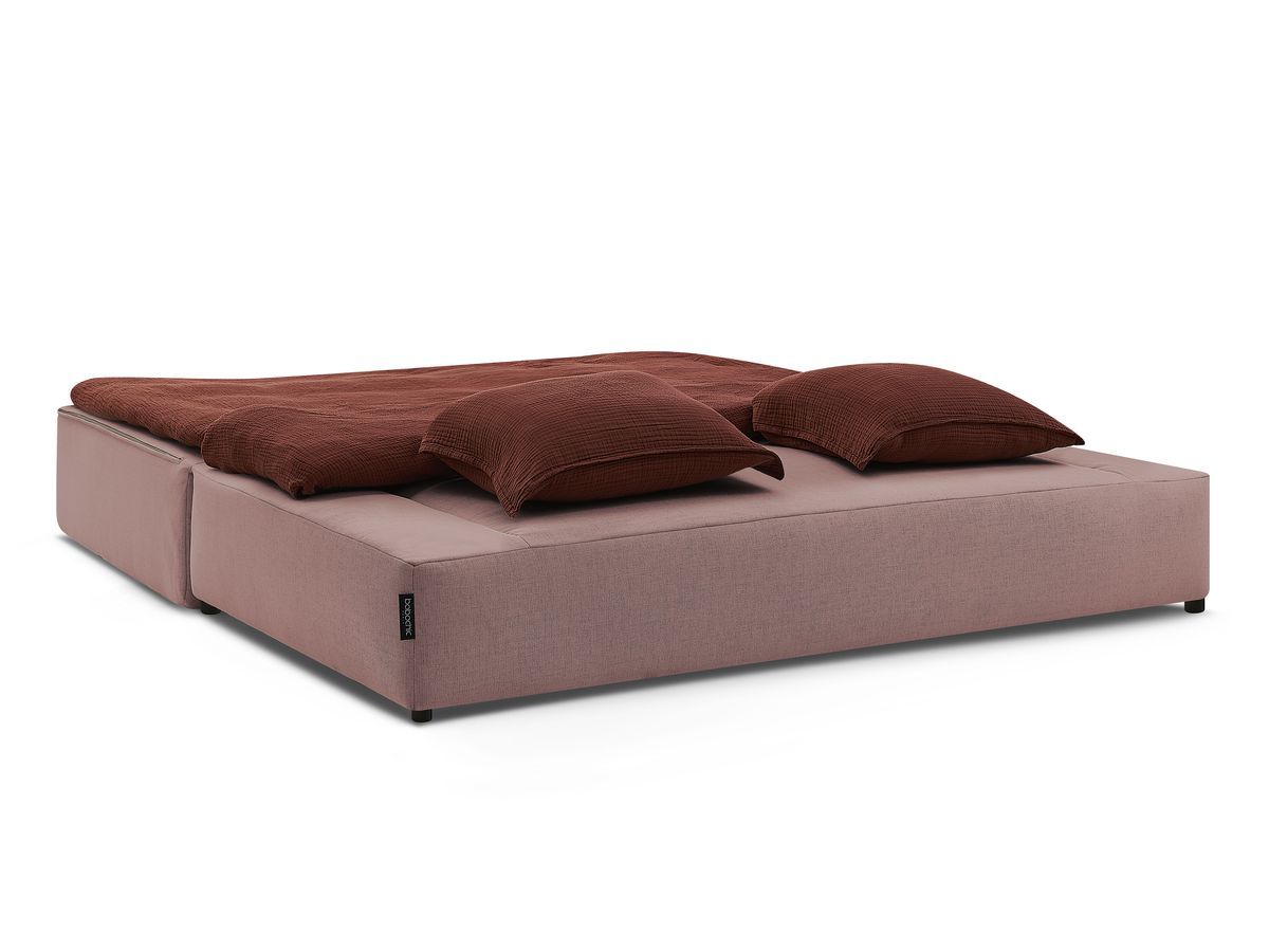 Canapé droit convertible LEANDRE bi matière avec deux poufs