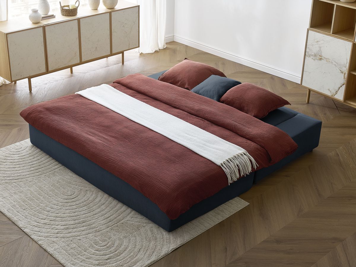 Canapé droit convertible LEANDRE bi matière avec deux poufs
