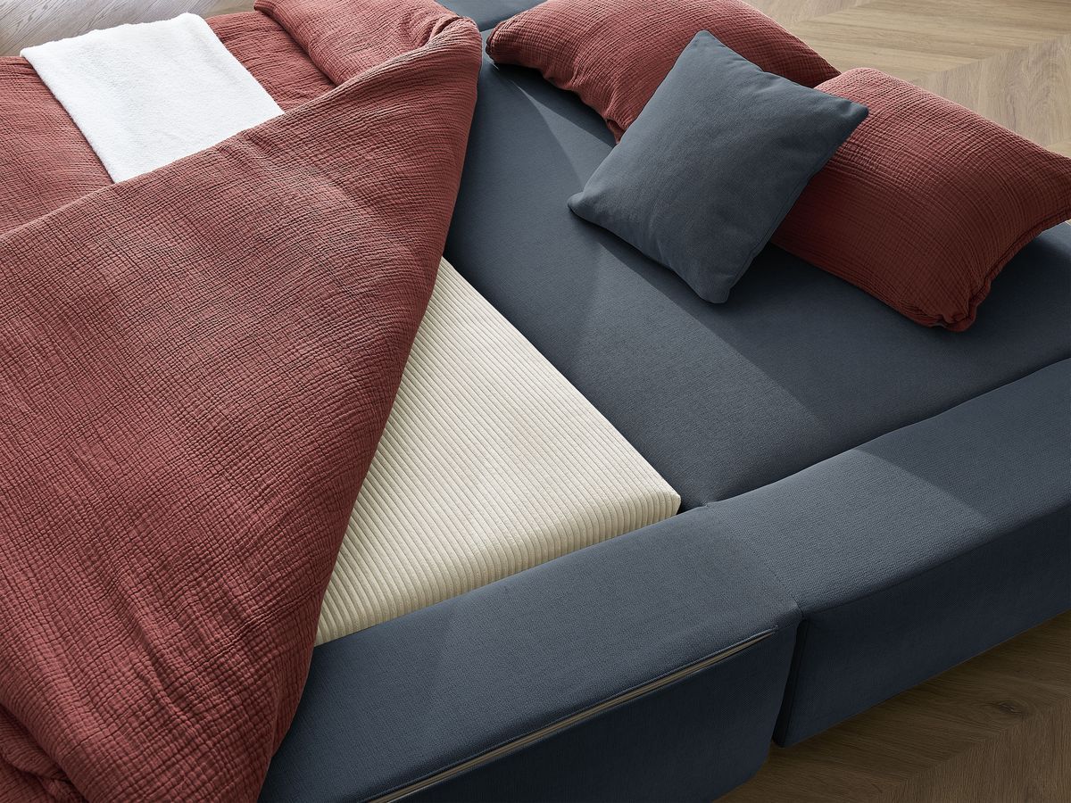 Canapé droit convertible LEANDRE bi matière avec deux poufs