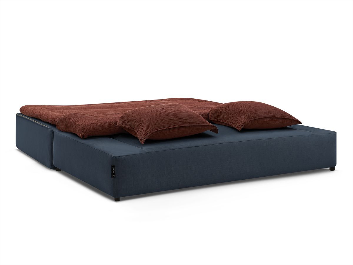 Canapé droit convertible LEANDRE bi matière avec deux poufs