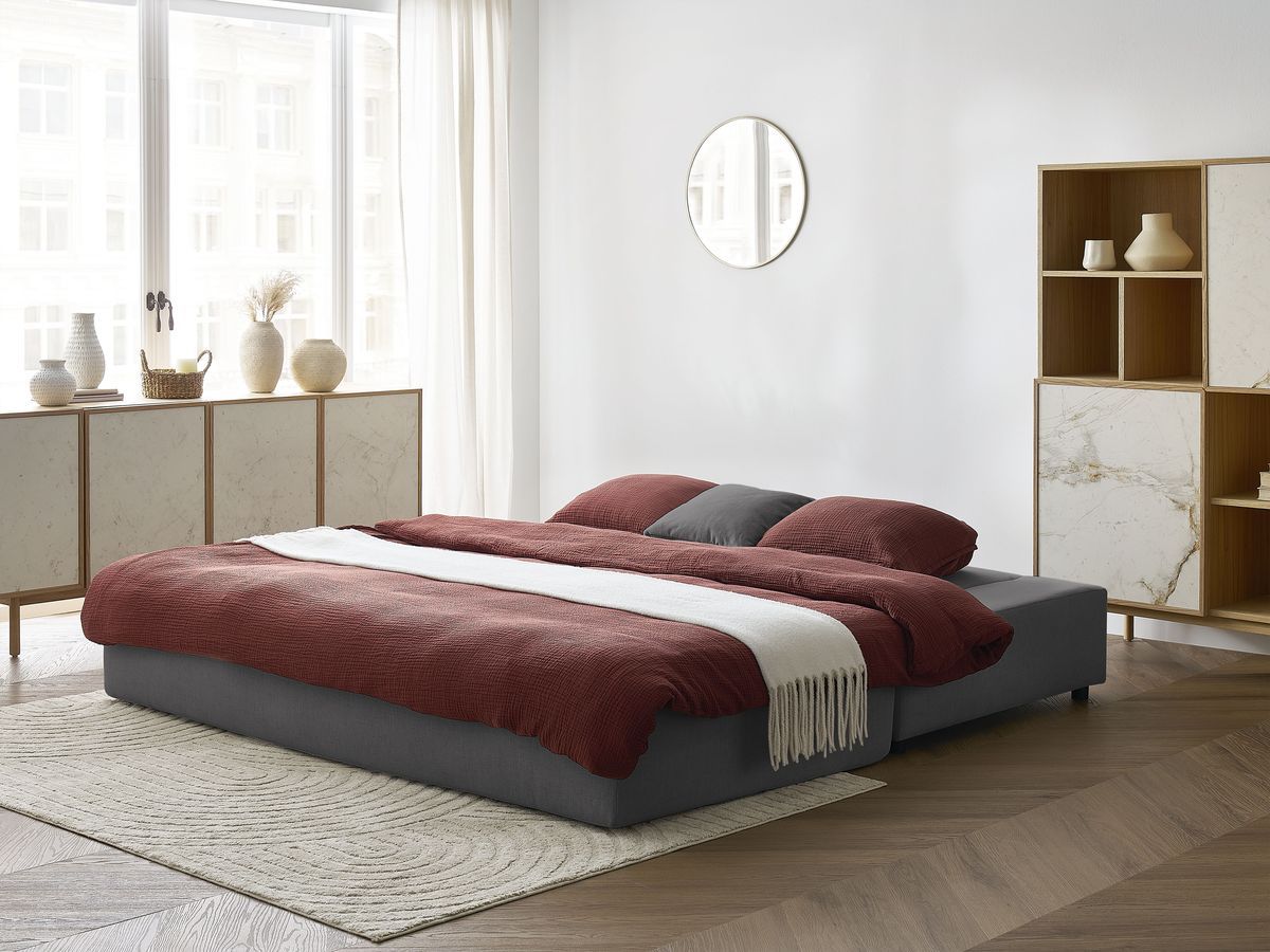 Canapé d'angle fixe EVEREST tissu chiné - Orange - Angle droit - 10 coussins