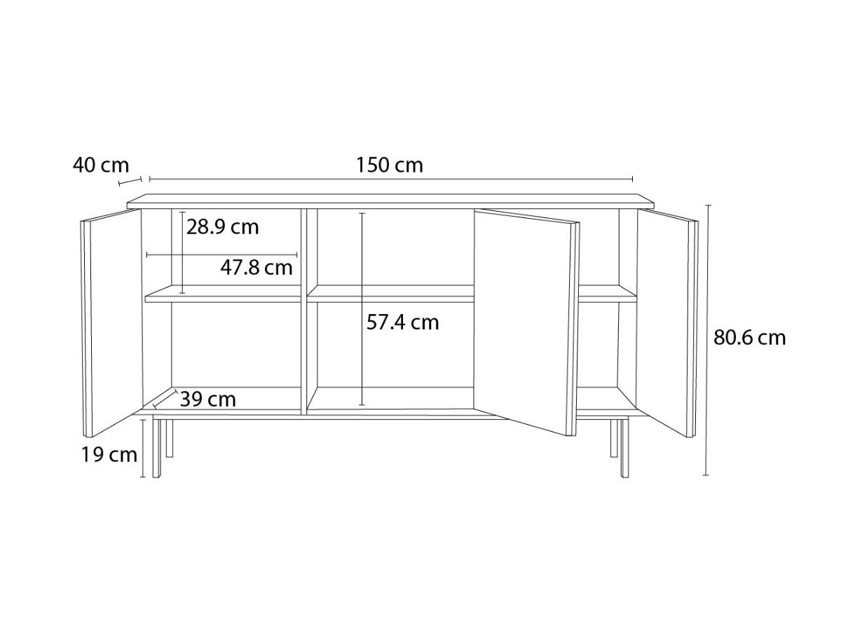 CORNEILLE 3-deurs dressoir 150 cm massief grenen stroken