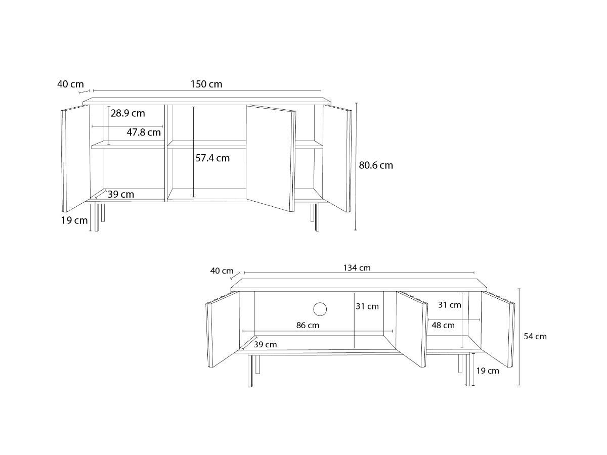 CORNEILLE set met 150 cm dressoir + 134 cm tv-meubel, massief grenen latten