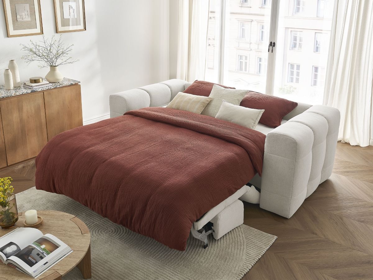 Canapé d'angle fixe EVEREST tissu chiné - Orange - Angle droit - 10 coussins