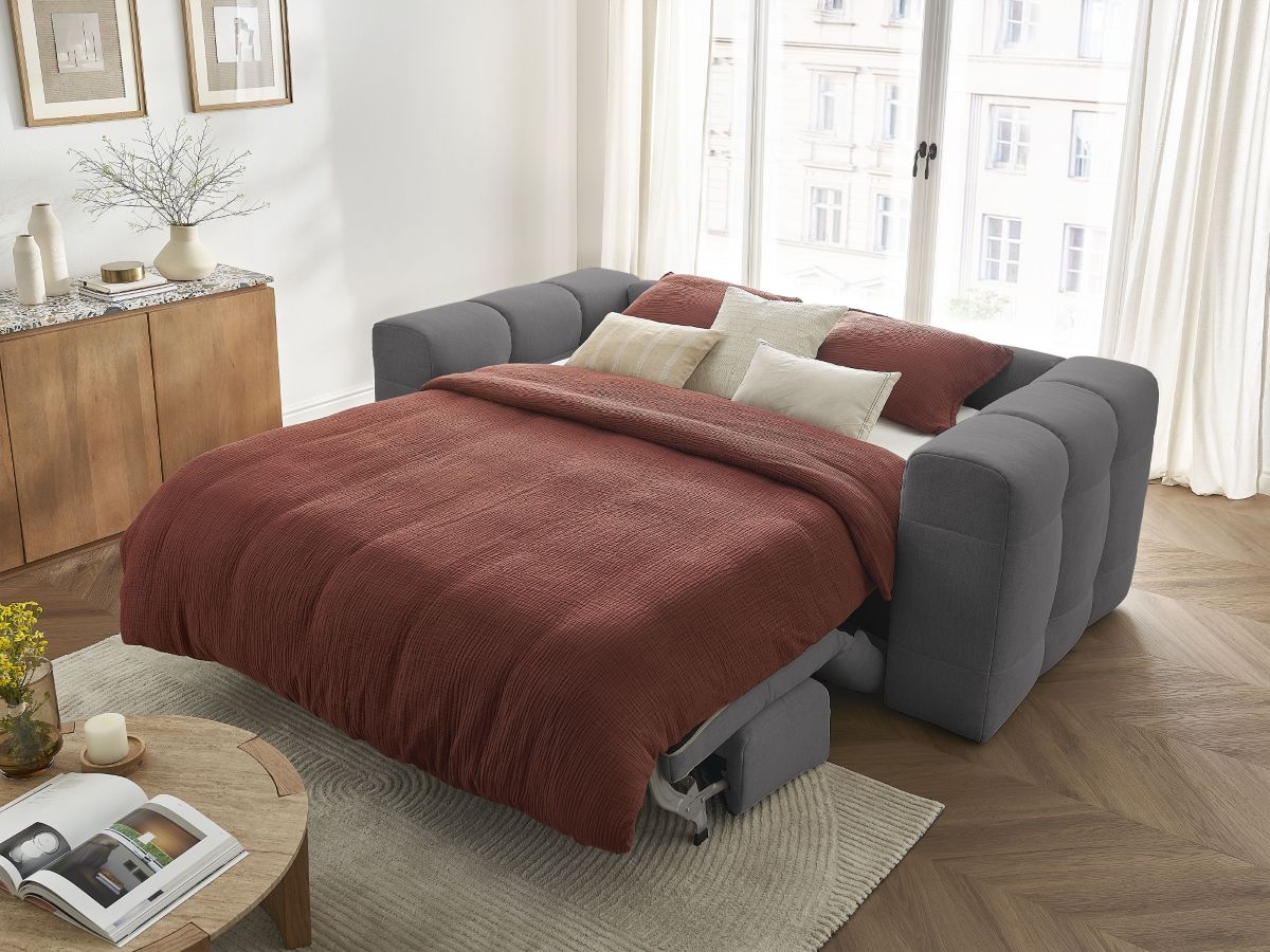 Canapé d'angle fixe EVEREST tissu chiné - Orange - Angle droit - 10 coussins