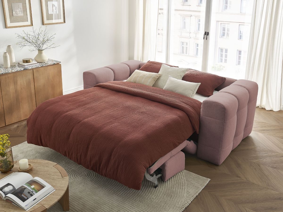 Canapé d'angle fixe EVEREST tissu chiné - Orange - Angle droit - 10 coussins