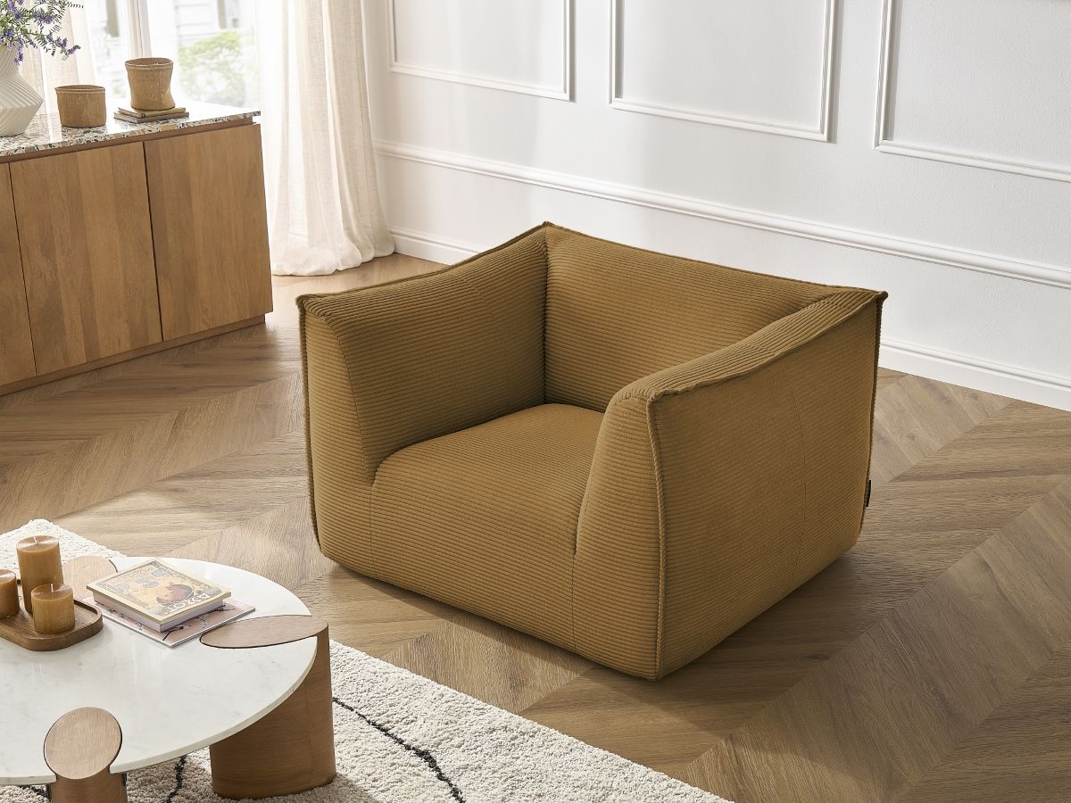 Canapé d'angle fixe EVEREST tissu chiné - Orange - Angle droit - 10 coussins