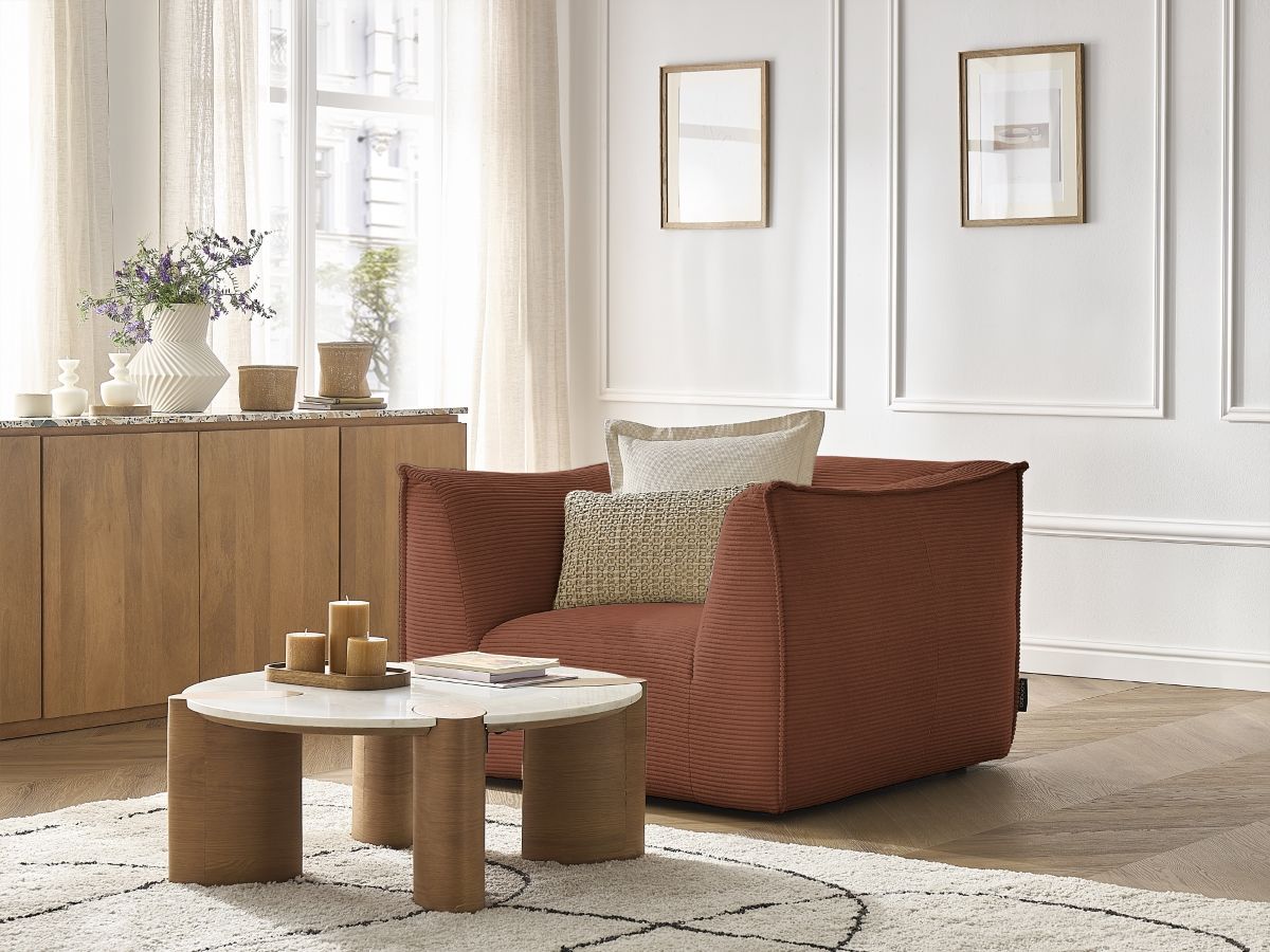 Canapé d'angle fixe EVEREST tissu chiné - Orange - Angle droit - 10 coussins