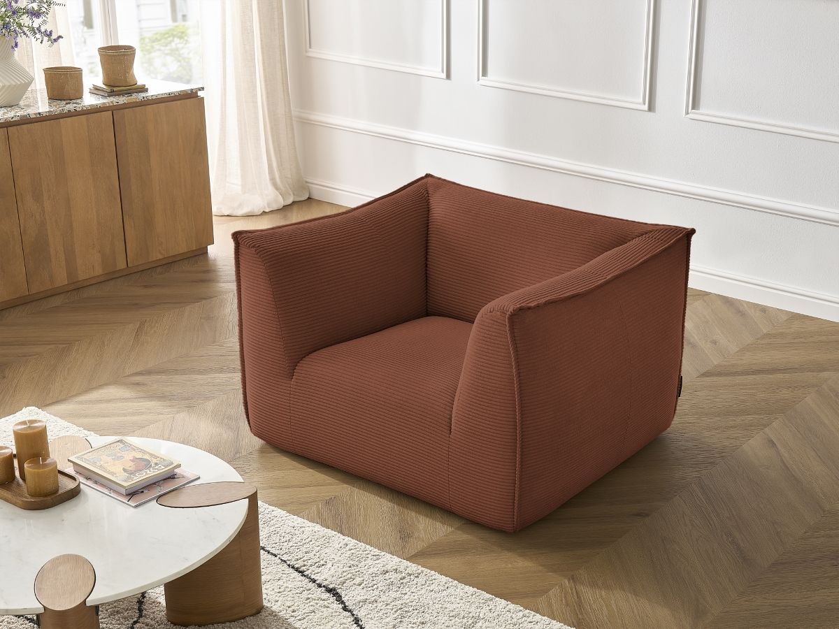 Canapé d'angle fixe EVEREST tissu chiné - Orange - Angle droit - 10 coussins