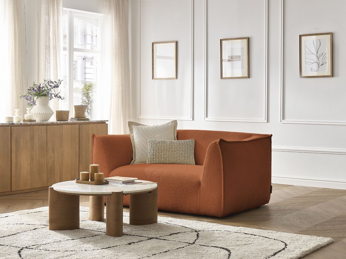 Canapé d'angle fixe EVEREST tissu chiné - Orange - Angle droit - 10 coussins