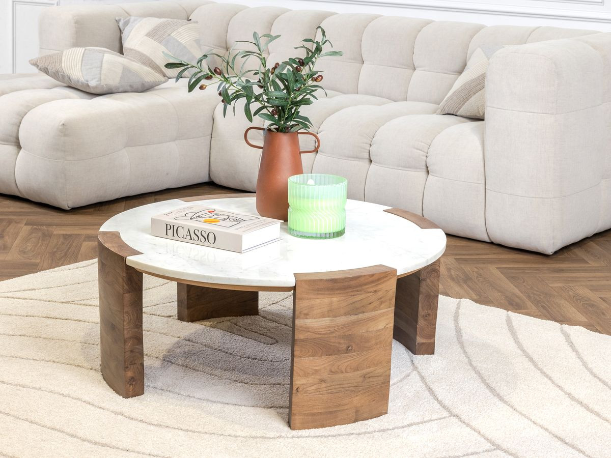 Table basse ronde D.85 cm TORVI plateau marbre et pieds bois massif d'acacia — vue 5