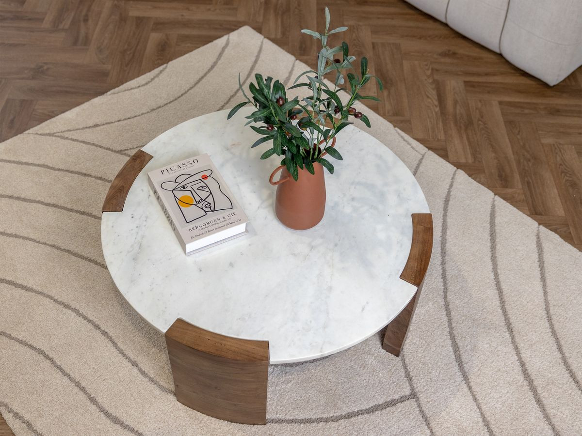 Ronde salontafel D.85 cm TORVI marmeren blad en massief acaciahouten poten