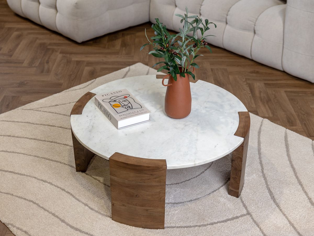 Table basse ronde D.85 cm TORVI plateau marbre et pieds bois massif d'acacia — vue 6