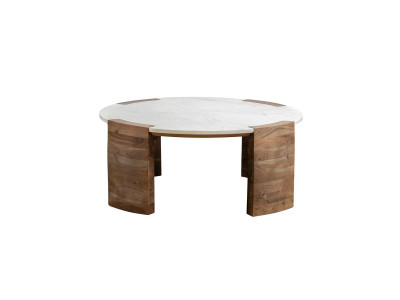 Table basse ronde D.85 cm TORVI plateau marbre et pieds bois massif d'acacia