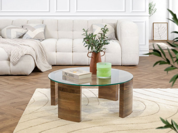 Table basse D.85 cm TORVI plateau verre et pieds bois massif d'acacia