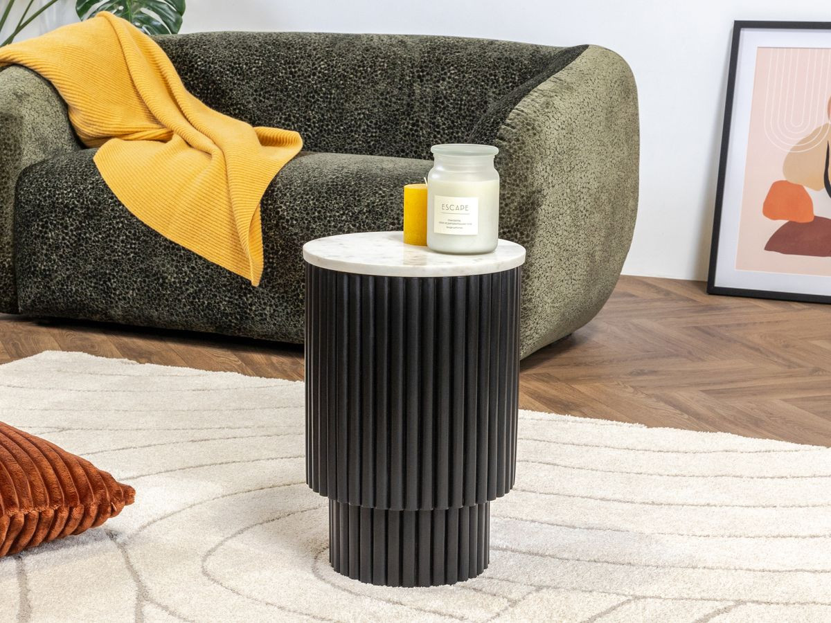 Table basse D.30 cm OLIVE plateau marbre et pied bois massif de manguier noir — vue 6