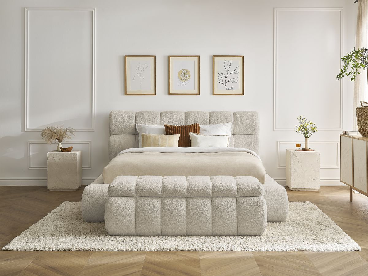 Lit coffre MONT-BLANC + Bout de lit MONT-BLANC tissu bouclette