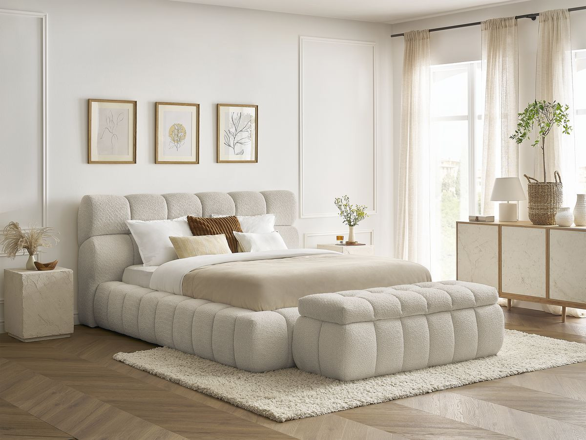 Lit coffre MONT-BLANC + Bout de lit MONT-BLANC tissu bouclette