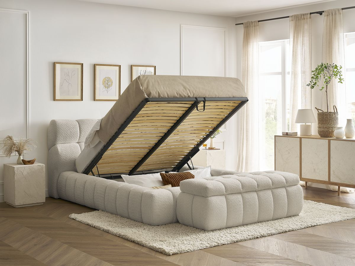 Lit coffre MONT-BLANC + Bout de lit MONT-BLANC tissu bouclette