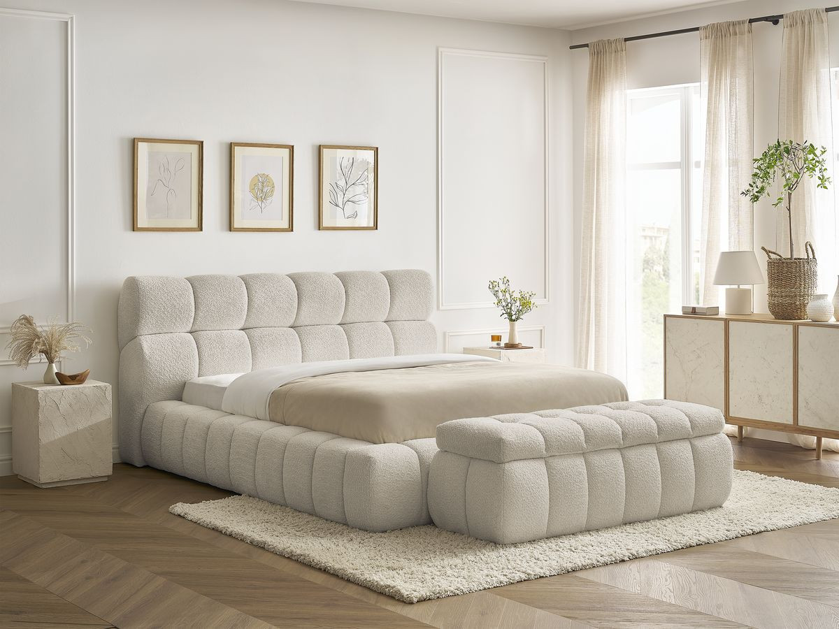 Lit coffre MONT-BLANC + Bout de lit MONT-BLANC tissu bouclette