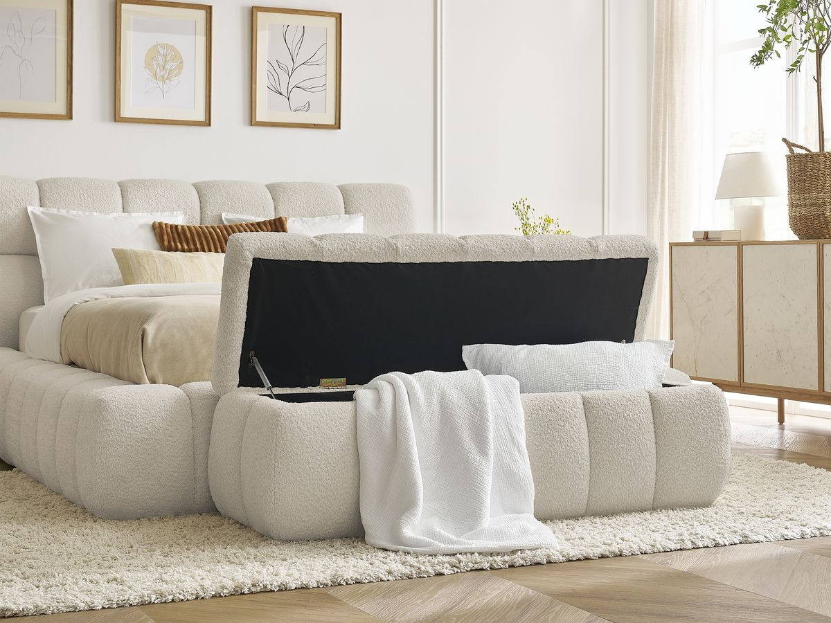 Lit coffre MONT-BLANC + Bout de lit MONT-BLANC tissu bouclette