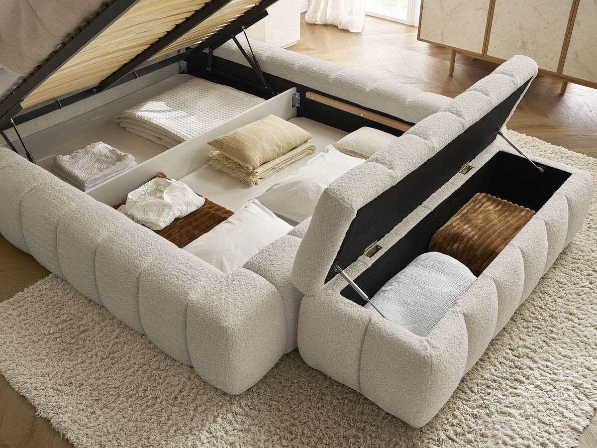 Lit coffre MONT-BLANC + Bout de lit MONT-BLANC tissu bouclette
