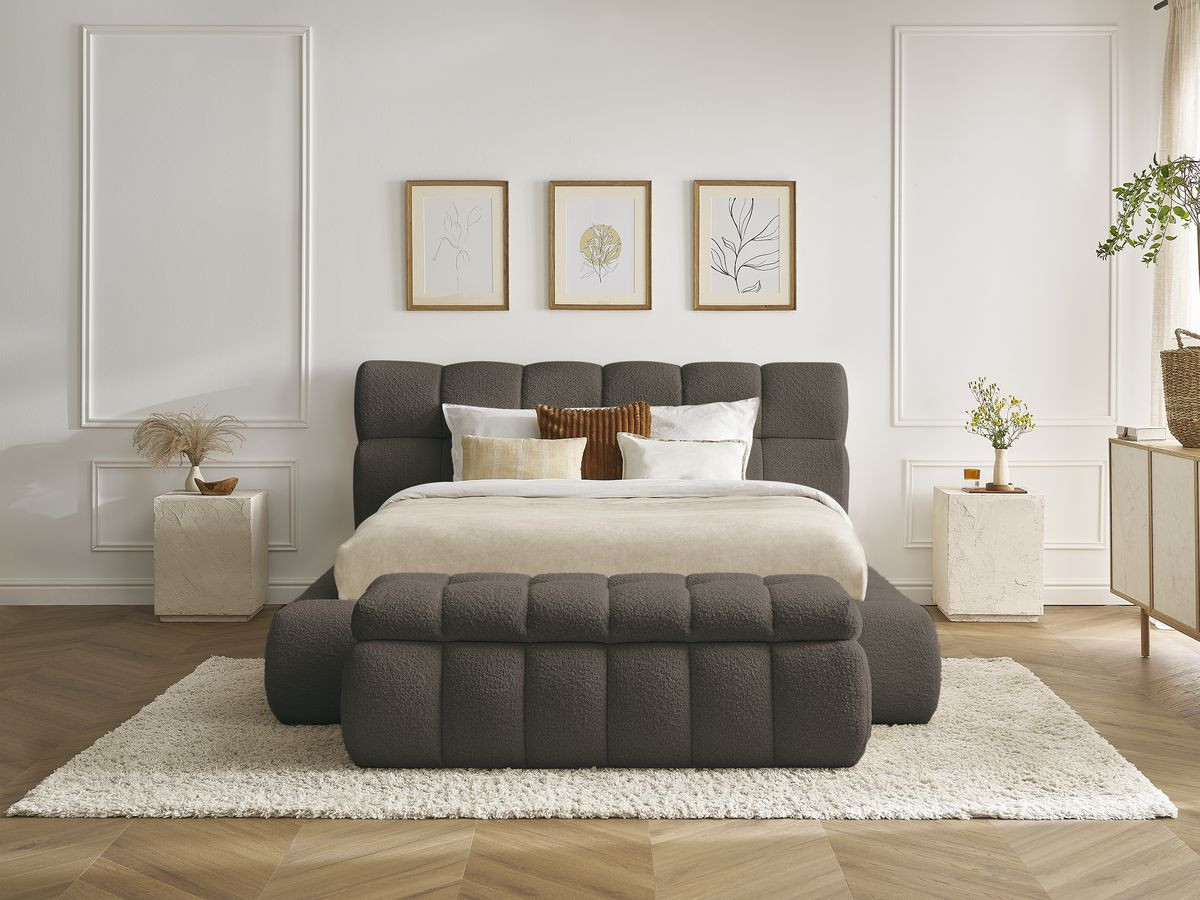 Lit coffre MONT-BLANC + Bout de lit MONT-BLANC bouclette marron 140x190 + bout de lit — vue 6