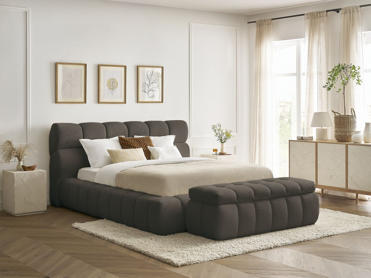 Lit coffre MONT-BLANC + Bout de lit MONT-BLANC tissu bouclette