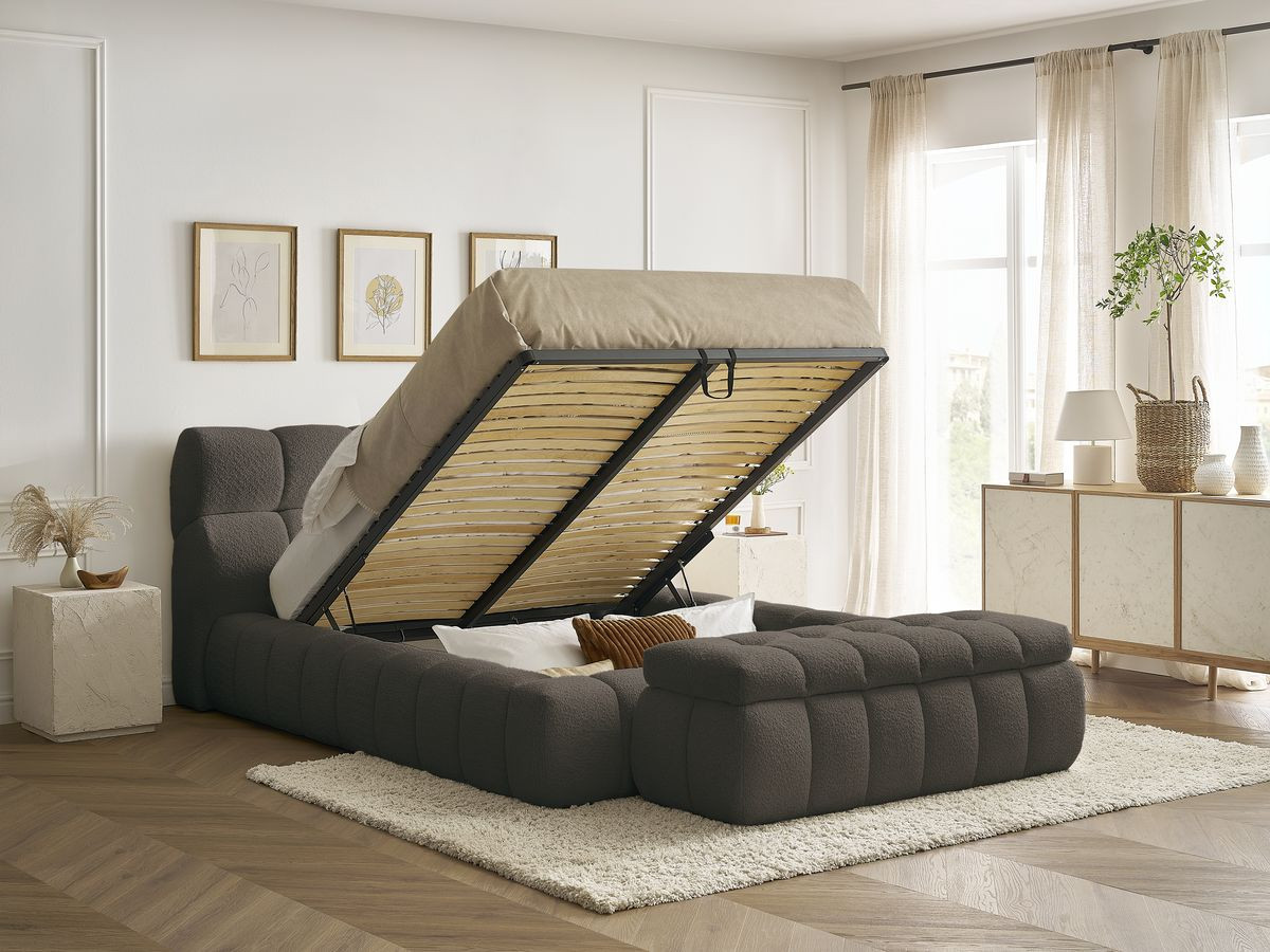Lit coffre MONT-BLANC + Bout de lit MONT-BLANC tissu bouclette
