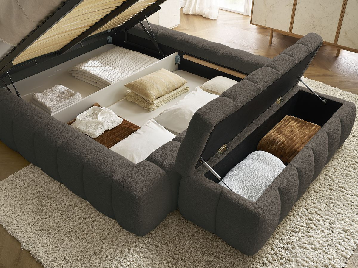 Lit coffre MONT-BLANC + Bout de lit MONT-BLANC tissu bouclette