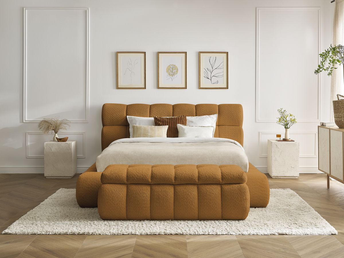 Lit coffre MONT-BLANC + Bout de lit MONT-BLANC tissu bouclette