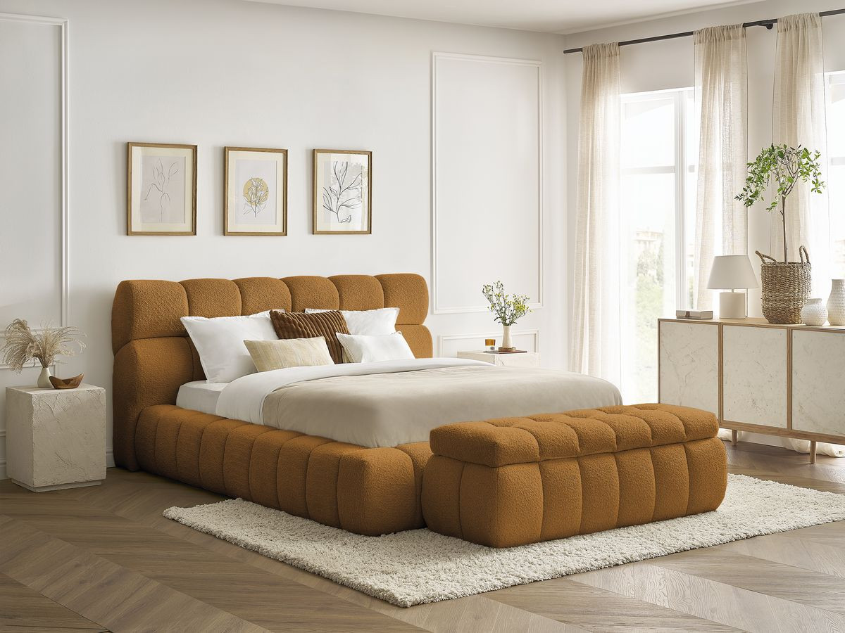 Lit coffre MONT-BLANC + Bout de lit MONT-BLANC tissu bouclette