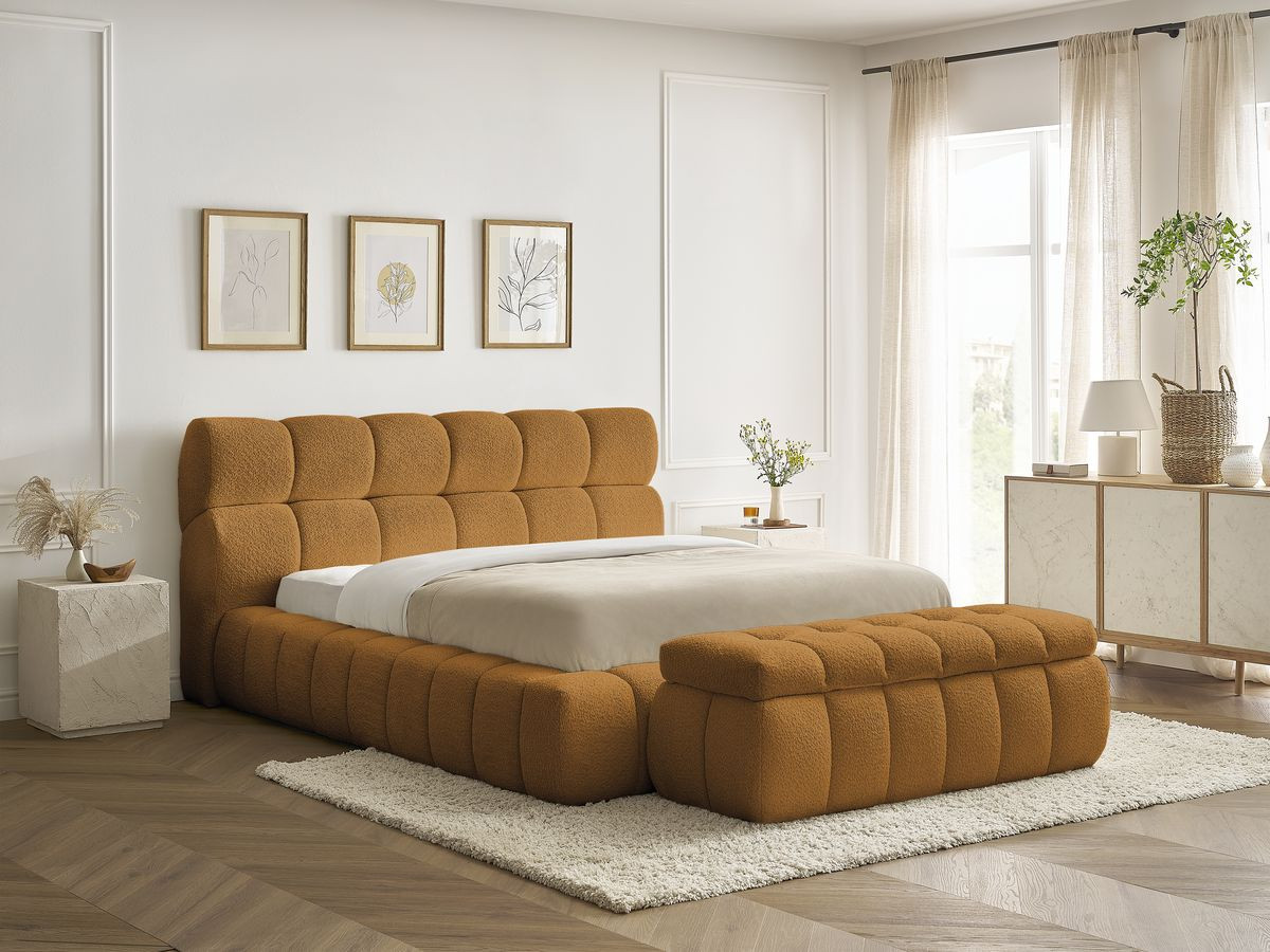 Lit coffre MONT-BLANC + Bout de lit MONT-BLANC tissu bouclette