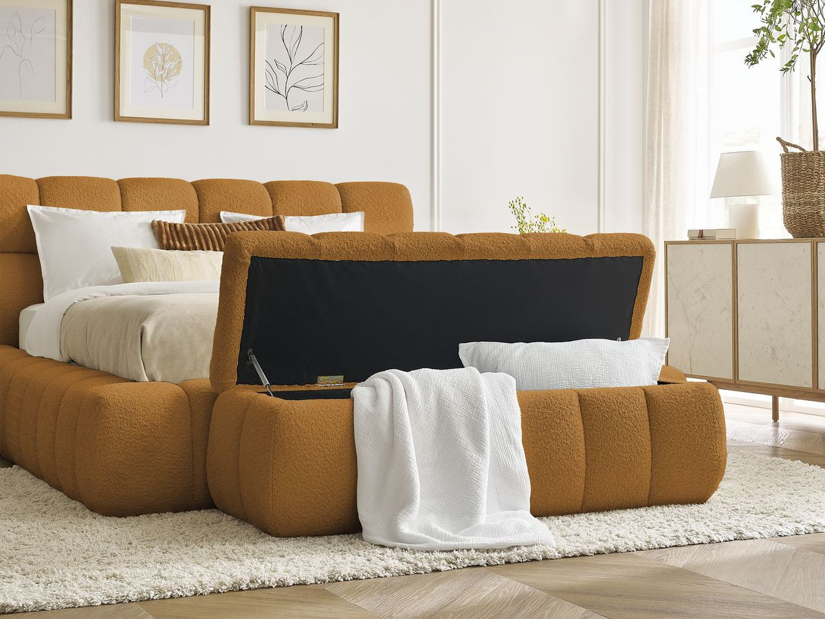 Lit coffre MONT-BLANC + Bout de lit MONT-BLANC tissu bouclette