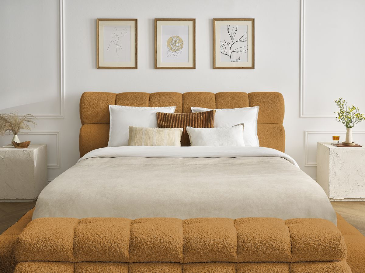 Lit coffre MONT-BLANC + Bout de lit MONT-BLANC tissu bouclette
