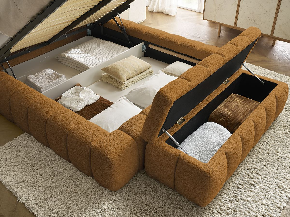 Lit coffre MONT-BLANC + Bout de lit MONT-BLANC tissu bouclette
