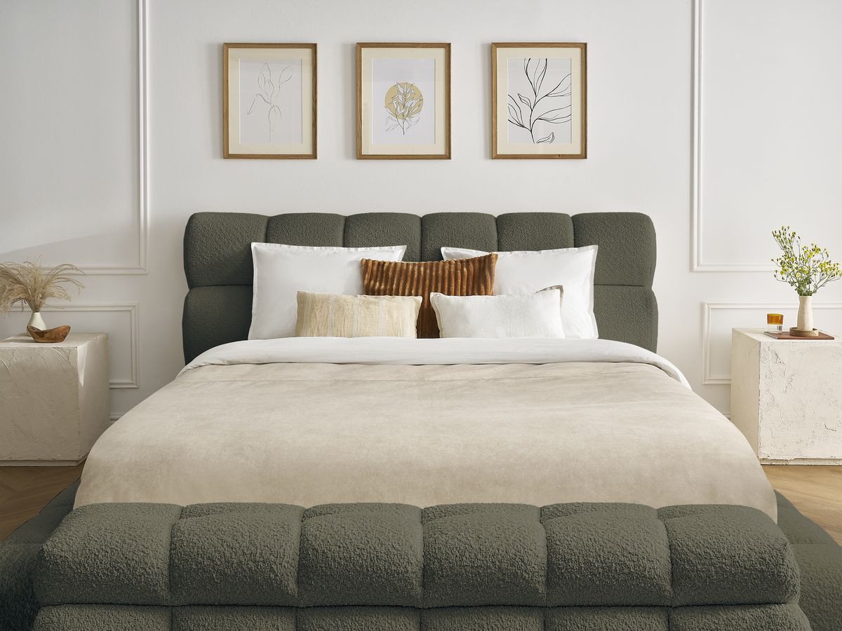 Lit coffre MONT-BLANC + Bout de lit MONT-BLANC tissu bouclette