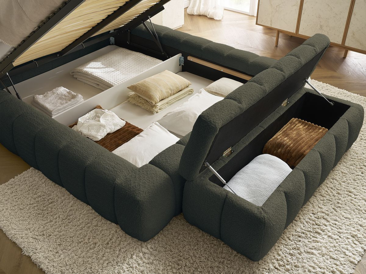 Lit coffre MONT-BLANC + Bout de lit MONT-BLANC tissu bouclette