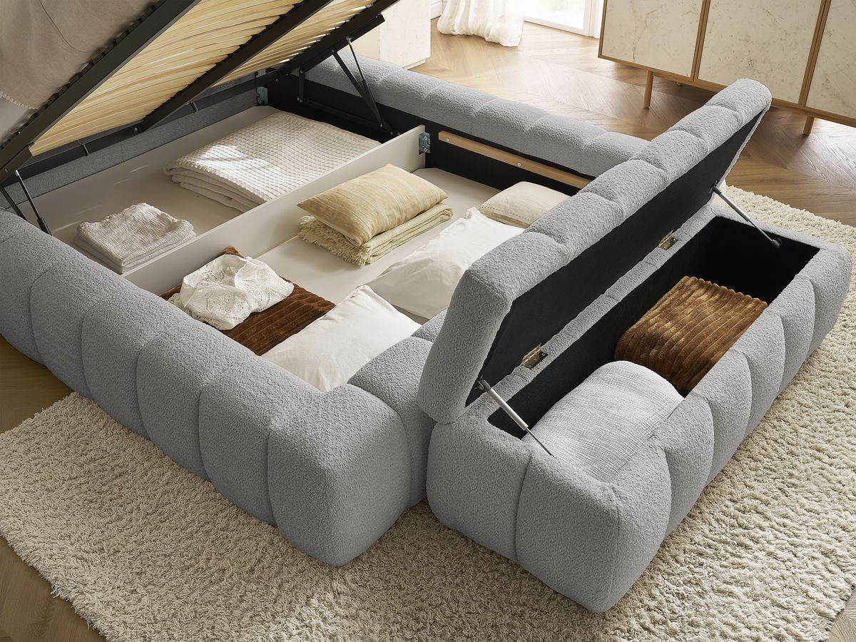 Lit coffre MONT-BLANC + Bout de lit MONT-BLANC tissu bouclette