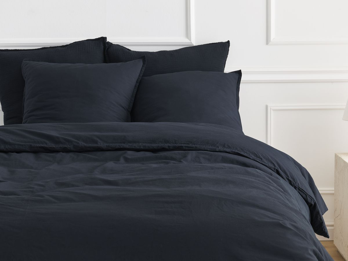 Parure de lit adulte en Percale de coton HERA avec une housse de couette, taies d'oreiller bleu foncé