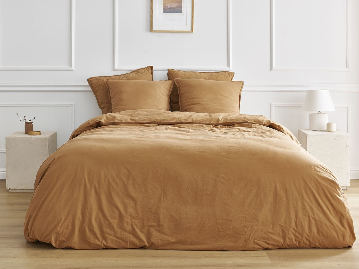 Parure de lit adulte en Percale de coton HERA avec une housse de couette, taies d'oreiller ocre — vue 6