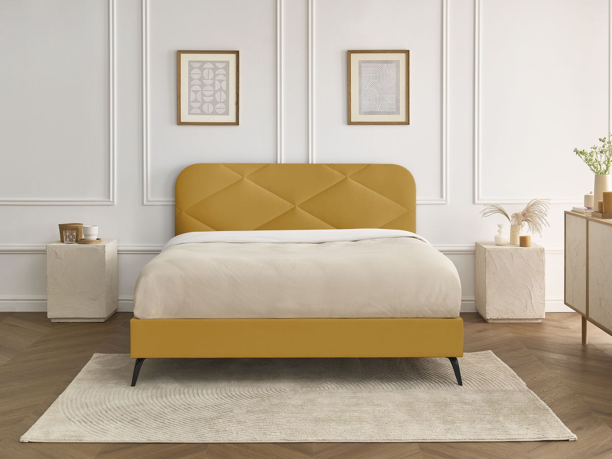 Lit PRUNE avec lattes massives velours jaune — vue 6