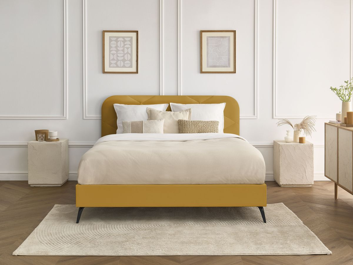 Lit PRUNE avec lattes massives velours jaune — vue 5