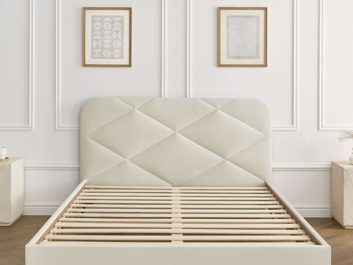 Lit PRUNE avec lattes massives tissu velours