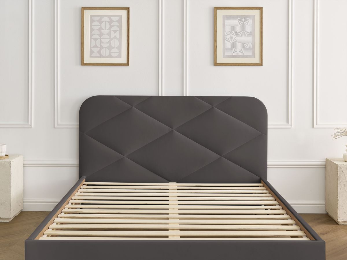 Lit PRUNE avec lattes massives tissu velours